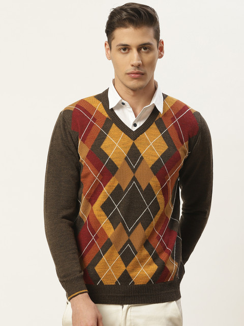 

Monte Carlo Men Brown & Mustard Yellow Self Design Pullover Sweater