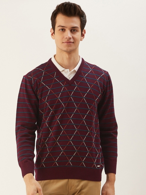 

Monte Carlo Men Maroon & Blue Geometric Patterned Pullover
