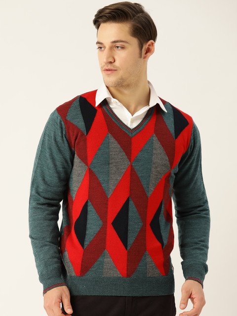 

Monte Carlo Men Teal Green & Red Self Design Pullover