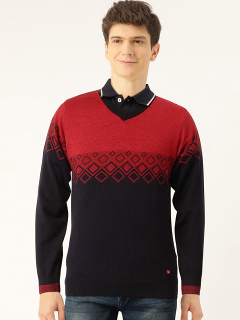 

Monte Carlo Men Navy Blue & Red Self Design Pullover