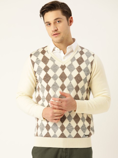 

Monte Carlo Men Off-White & Brown Self Design Pullover Sweater