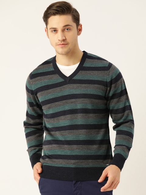 

Monte Carlo Men Grey & Navy Blue Striped Pullover Sweater