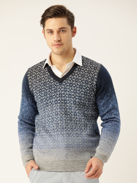 

Monte Carlo Men Grey & Blue Ethnic Motifs Self Design Pullover