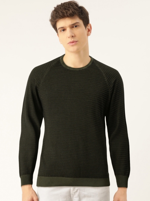 

Monte Carlo Men Olive Green & Black Self-Striped Pullover Sweater