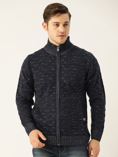

Monte Carlo Men Navy Blue & Grey Cable Knit Front-Open Sweater