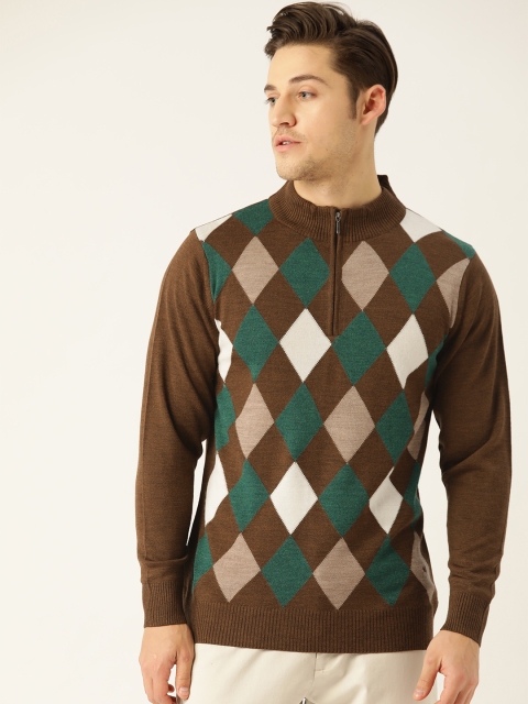 

Monte Carlo Men Brown & Green Argyle Self Design Pullover
