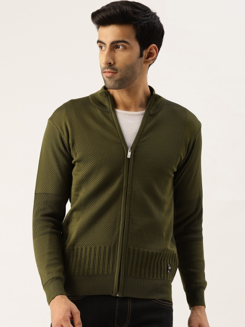 

Monte Carlo Men Olive Green Self Design Front-Open Sweater