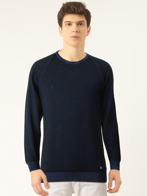 

Monte Carlo Men Navy Blue & Black Self-Striped Pullover Sweater