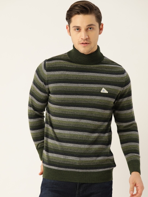 

Monte Carlo Men Olive Green & Navy Blue Striped Pullover