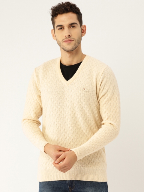 

Monte Carlo Men Cream-Coloured Self Design Pullover Sweater