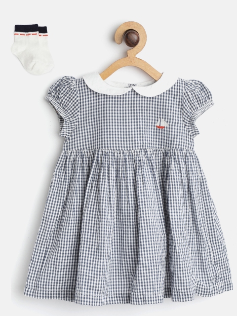 

Marks & Spencer Girls Navy Blue & White Checked Fit & Flare Dress with Socks