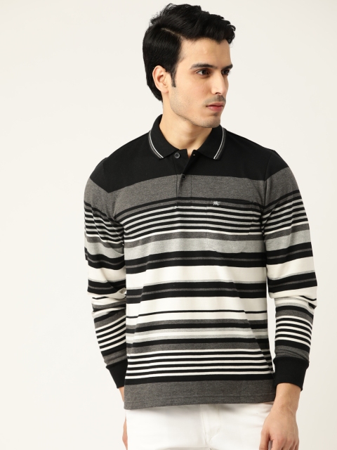 

Monte Carlo Men Black & Off-White Self-Striped Polo Collar T-shirt