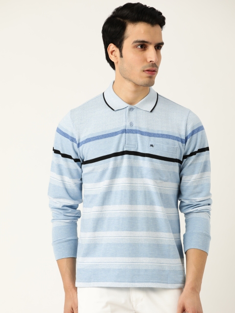 

Monte Carlo Men Blue & White Self-Striped Polo Collar T-shirt