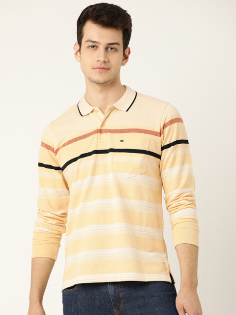 

Monte Carlo Men Yellow & Off-White Self-Striped Polo Collar T-shirt