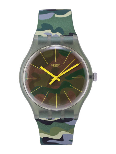 

Swatch Unisex Olive Green & Brown Swiss Made Camouflage Print Water Resistant Analogue Watch SUOG114