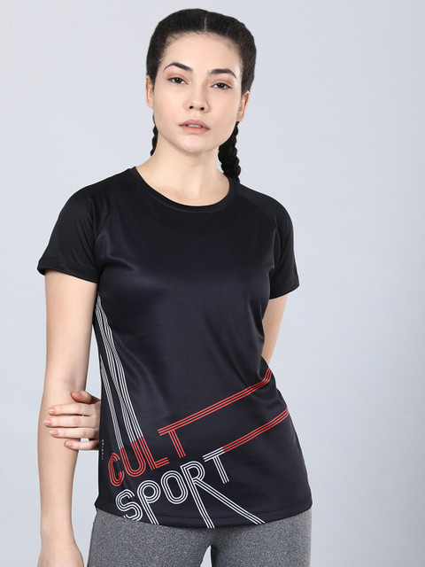 

Cultsport Women Black Printed Round Neck T-shirt