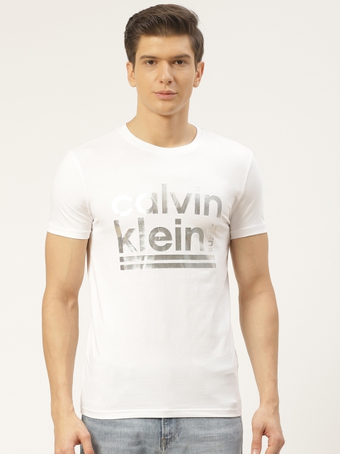 

Calvin Klein Jeans Men White Brand Logo Print Slim Fit T-shirt