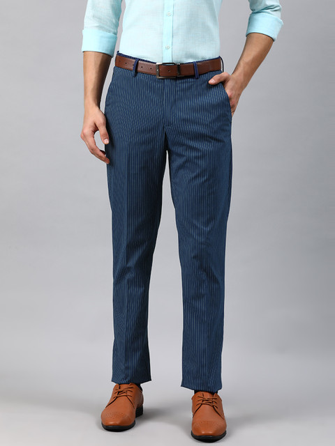 

Louis Philippe Men Navy Blue & White Slim Fit Striped Formal Trousers