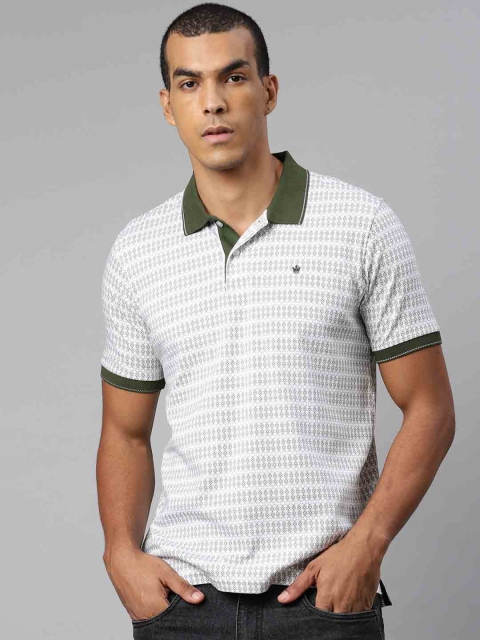 

Louis Philippe Men White & Olive Green Pure Cotton Printed Polo Collar T-shirt