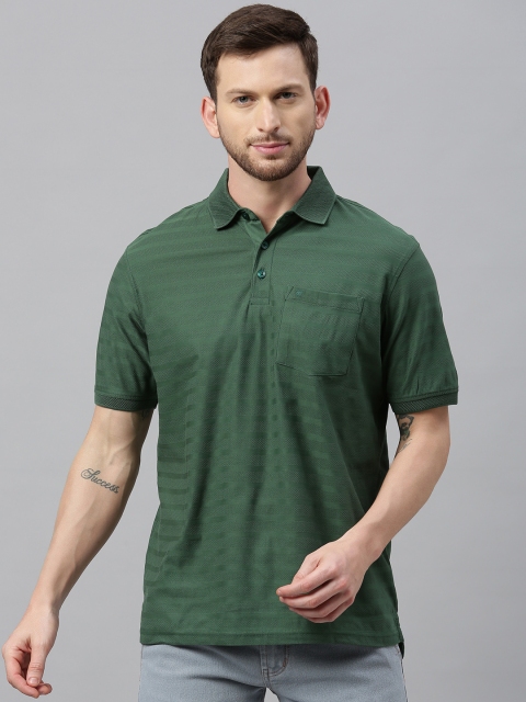 

Louis Philippe Men Green Striped Polo Collar Pure Cotton T-shirt