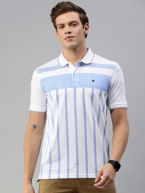 

Louis Philippe Men White & Blue Striped Polo Collar T-shirt
