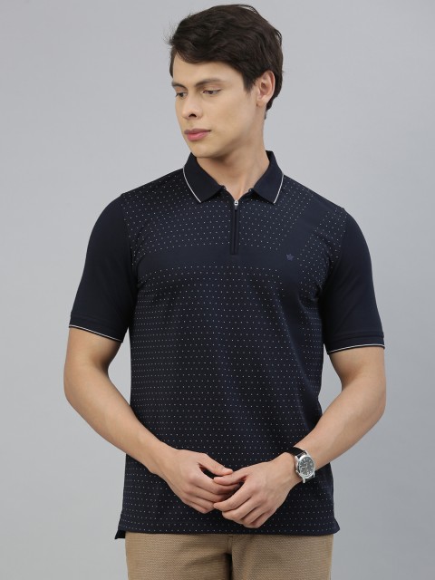 

Louis Philippe Men Navy Blue & Beige Micro Ditsy Printed Polo Collar T-shirt