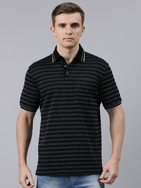 

Louis Philippe Men Black & White Striped Polo Collar T-shirt