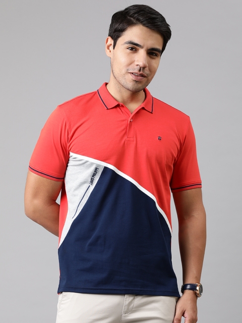 

Louis Philippe Sport Men Coral Orange & Navy Blue Colourblocked Polo Collar T-shirt