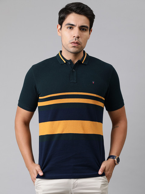 

Louis Philippe Sport Men Teal Green & Mustard Yellow Colourblocked Polo Collar T-shirt