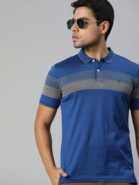 

Louis Philippe Sport Men Blue & Yellow Striped Polo Collar T-shirt