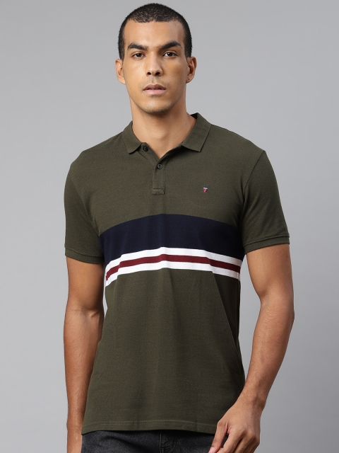 

Louis Philippe Sport Men Olive Green Striped Polo Collar T-shirt