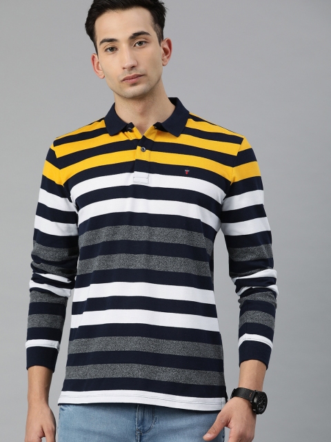 

Louis Philippe Sport Men Navy Blue & Mustard Yellow Striped Polo Collar T-shirt