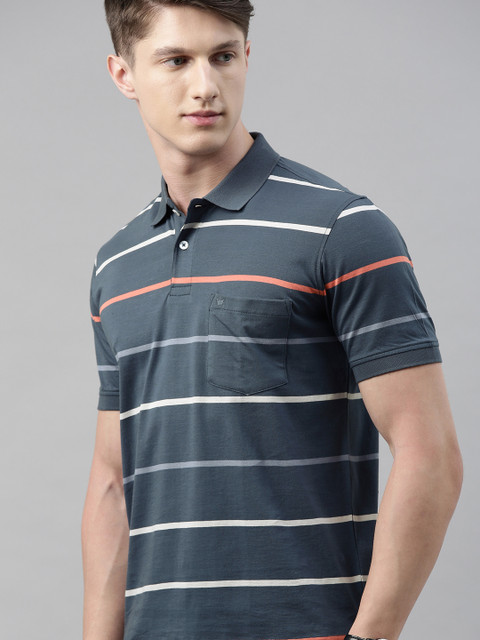 

Louis Philippe Men Teal Blue & White Striped Polo Collar T-shirt