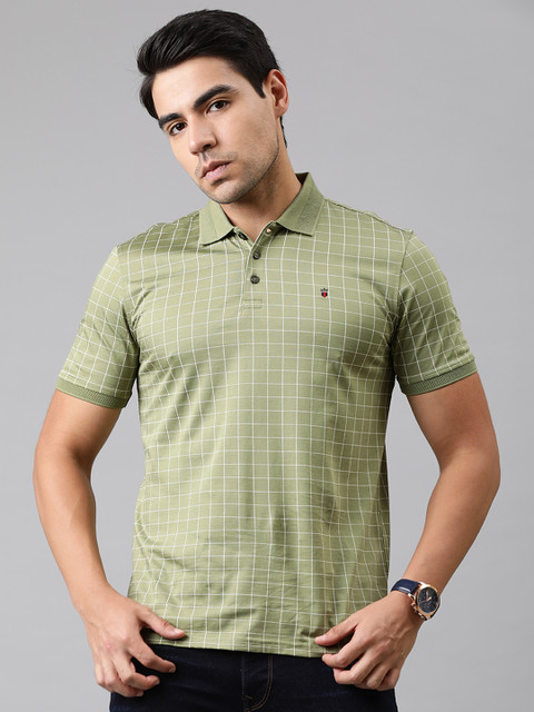 

Louis Philippe Sport Men Olive Green & White Checked Polo Collar T-shirt