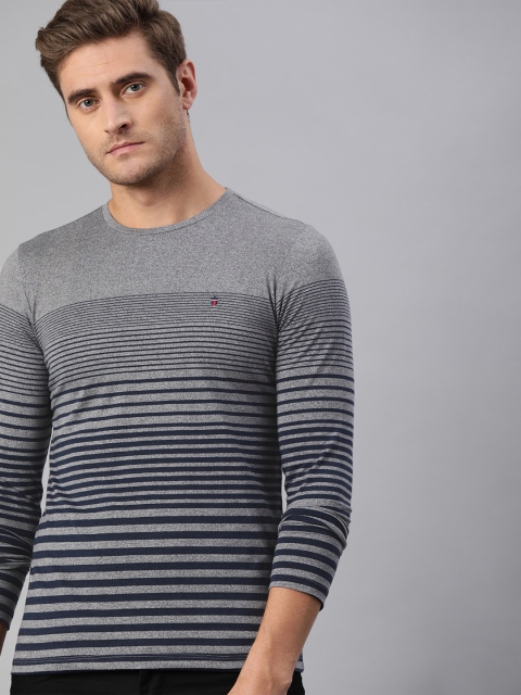 

Louis Philippe Sport Men Grey & Navy Blue Striped Round Neck T-shirt