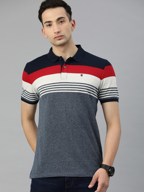 

Louis Philippe Sport Men Navy Blue Striped Polo Collar Pure Cotton T-shirt