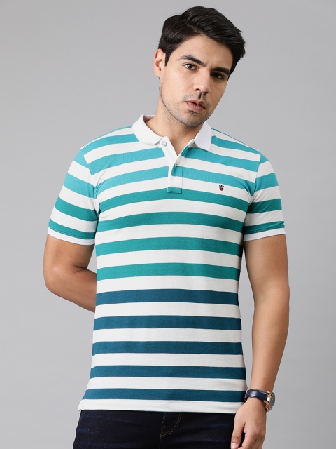 

Louis Philippe Sport Men White & Turquoise Blue Striped Polo Collar T-shirt