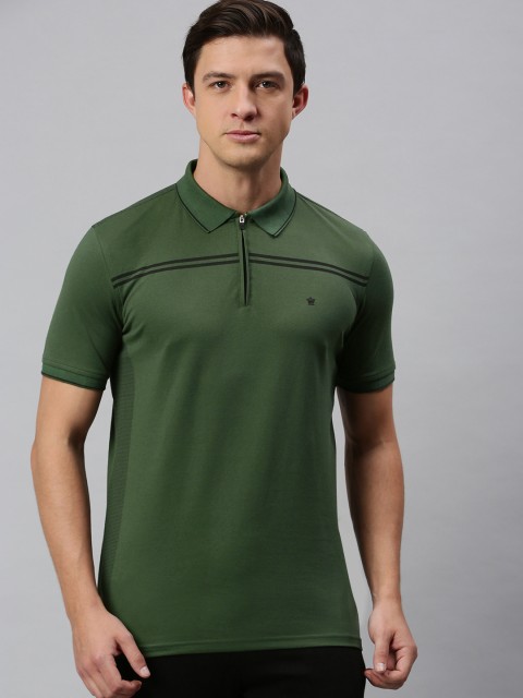 

Louis Philippe Men Olive Green Solid Polo Collar T-shirt with Striped Detail