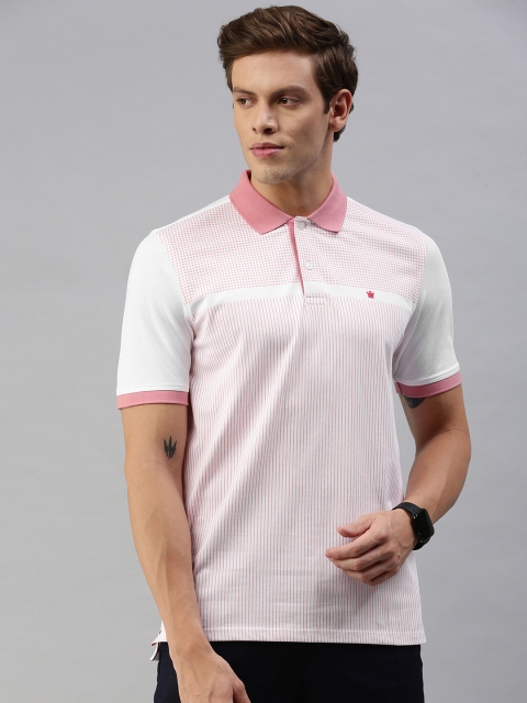 

Louis Philippe Men White & Peach-Coloured Striped Polo Collar T-shirt