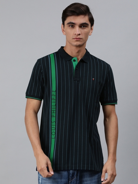 

Louis Philippe Sport Men Navy Blue Striped Polo Collar T-shirt