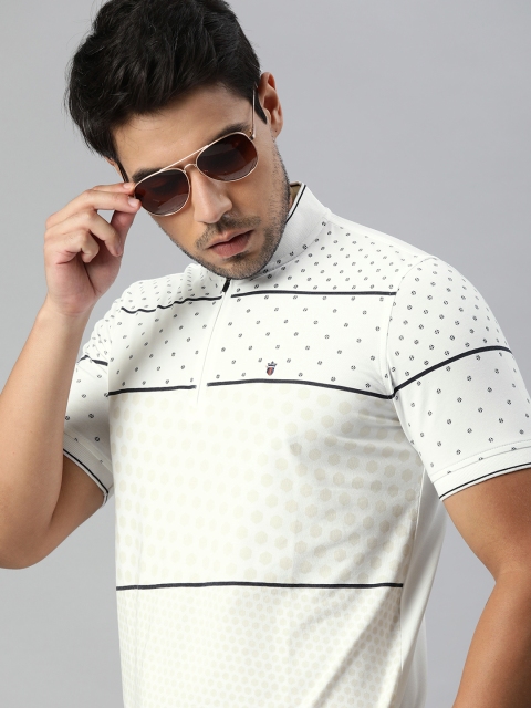 

Louis Philippe Sport Men White & Beige Geometric Printed Polo Collar T-shirt