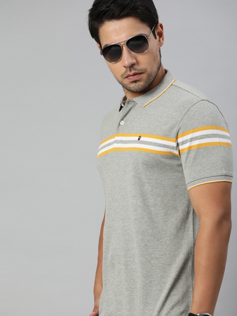 

Louis Philippe Sport Men Grey & white Striped Polo Collar T-shirt