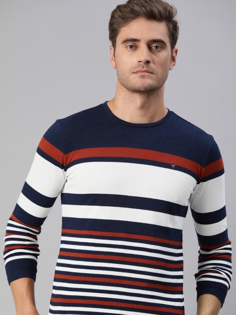 

Louis Philippe Sport Men White & Navy Blue Striped Round Neck T-shirt