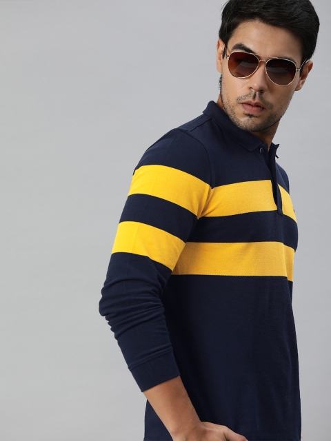 

Louis Philippe Sport Men Navy Blue & Yellow Striped Polo Collar T-shirt