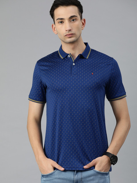 

Louis Philippe Sport Men Navy Blue & Mustard Yellow Micro Printed Polo Collar T-shirt