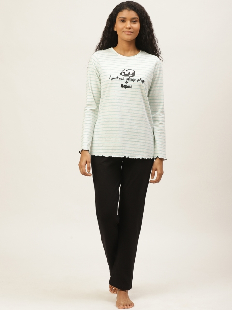 

Sweet Dreams Women Off-White & Black Striped Lettuce Detail Night suit