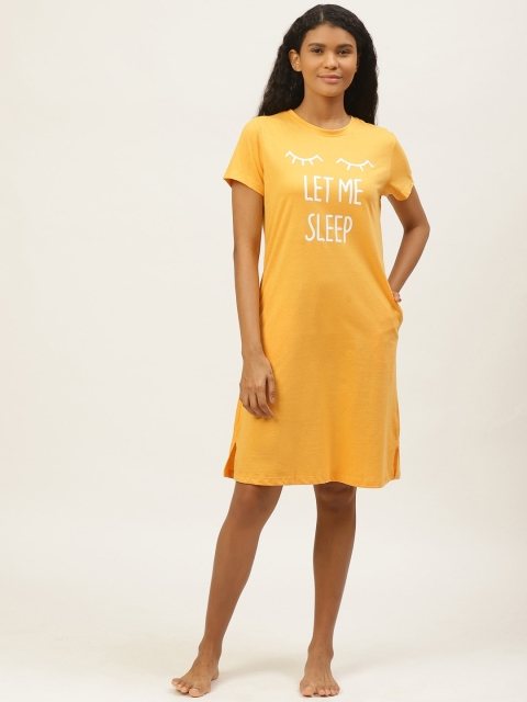 

Sweet Dreams Women Mustard Yellow & White Pure Cotton Typography Print Sleep Shirts