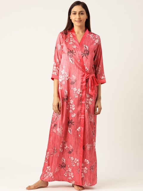 

Sweet Dreams Pink Satin Finish Nightdress with Floral Print Robe