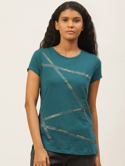 

Sweet Dreams Women Teal Blue & Charcoal Grey Printed Round Neck T-shirt