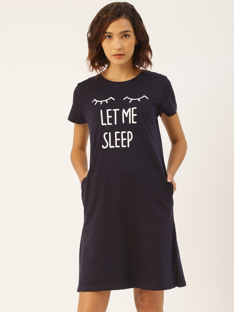 

Sweet Dreams Navy Blue & White Printed Cotton Sleep Shirt